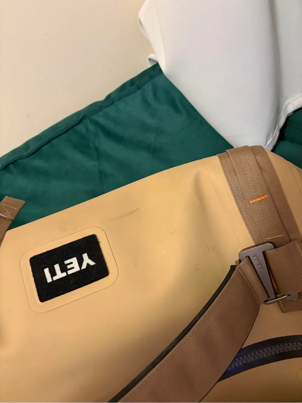 Yeti 50L Waterproof Duffel in Tan with Brown Straps